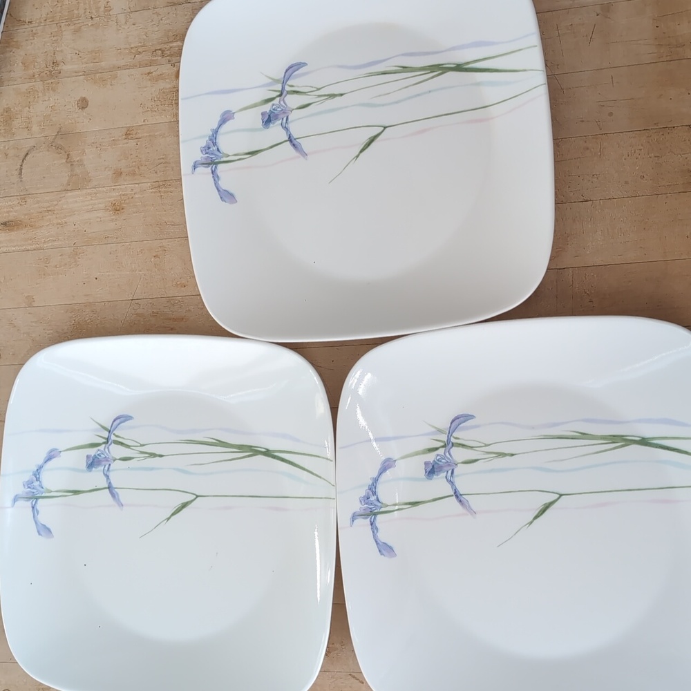 3 Corelle Shadow Iris Square Dinner Plates Corning Purple Flowers 10.5" Plates